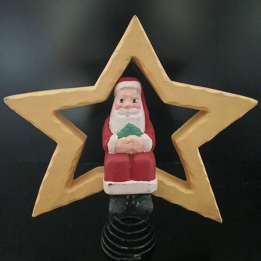 Tree Topper Santa Sitting on a Star Wood & Metal Springy Holiday Decoration 9.5"